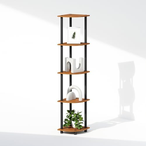 Furinno Turn-N-Tube Storage Shelves, 5-Tier Book Shelf, Corner Shelf, Toolless Open Shelves, for Organization and Storage, Living Room, Home Office, Hallway, Bedroom, Light Cherry
