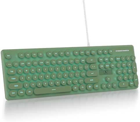 surmen Cute Quiet Keyboard Green Wired Typewriter Keyboard, Light Up Backlit PC Keyboards with Retro Round Keys Full Size 104 Keys for Office Computer (Dark Green)