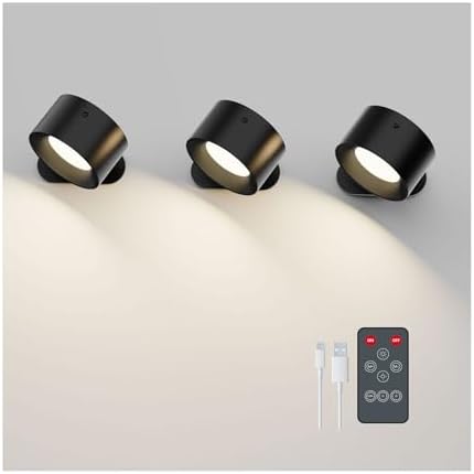 Koopala 3PACK Rechargeable LED Wall Sconce, Cordless Battery with Remote Powered Wall Sconce, 3 Brightness Levels, 360° Swivel Magnetic Shade for Bedrooms, Hallways, Den and Reading Spaces（Black）