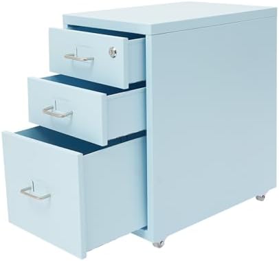 3 Drawer File Cabinet with Lock, Freestanding Filing Metal Drawers Organizer Vertical Metal Rolling Organizer Movable Under Desk Cabinet with Wheels for Home Office Living Room Study (3 Tiers Blue)