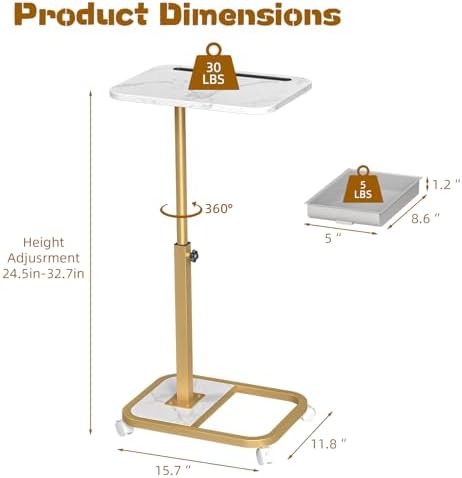 Adjustable Height TV Tray Table with Drawer, 360° Swivel C Shaped End Table, Rolling Couch Desk with Wheels, Side Tables for Living Room and Bedroom, Bed (Gold)