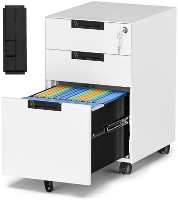 Mobile File Cabinet,3 Drawer Locking Storage Filing Cabinet,Office Metal Storage Cabinet on Wheels for Legal/Letter/A4 File(Fully Assembled，White)