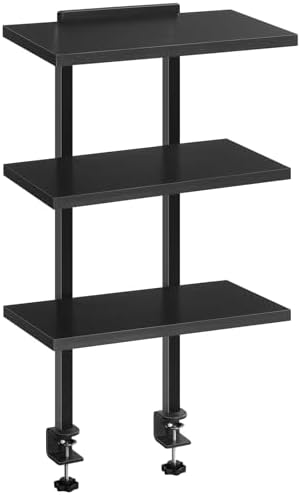 MAHANCRIS Clamp On Desk Organizer, 3-Tier Desktop Bookshelf, Adjustable Desk Storage Shelf, Metal Frame, for Office, Study and Game Room, Black DSBK3601