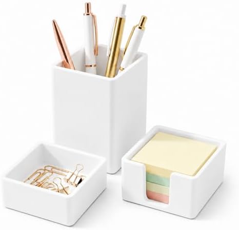 minimaliving Aesthetic Silicone Desk Organizer Set of 3,Modern Office Desk Accessories with Pen Holder,Paperclip Tray,Sticky Note Holder,Stylish Functional Office Desk Decor for Back-to-school(White)
