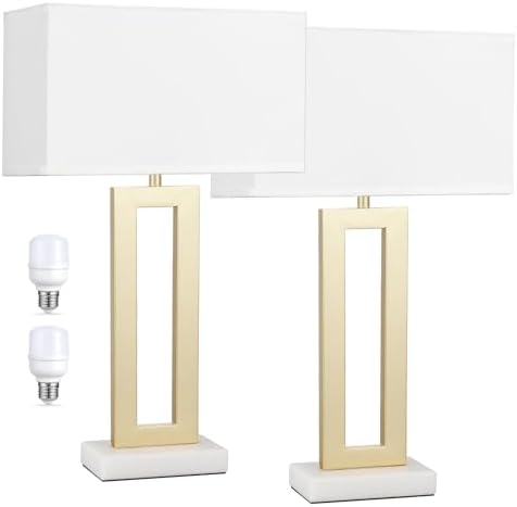 Seealle 22" Tall Bedroom Lamps for Living Room - Gold Bedside Lamps with Marble Base, Lamp for Nightstand with Knob Switch, Modern Night Stands Lamps for End Tables(White&Gold&Marble)