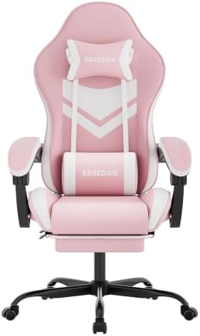 Gaming Chair with Footrest & Massage Lumbar Support, PU Leather Ergonomic High Back Swivel Height Adjustable Chair for Adults, Office Gaming, 300 lbs (Pink White)