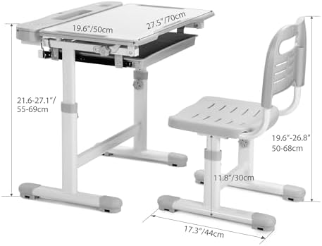 Rengue Kids Desk and Chair Set, Height Adjustable Children School Functional Study Desk with 55° Tiltable Desktop, 3 Modes & Brightness LED Light, Storage Drawer & Metal Hook for Boys Girls (Grey)