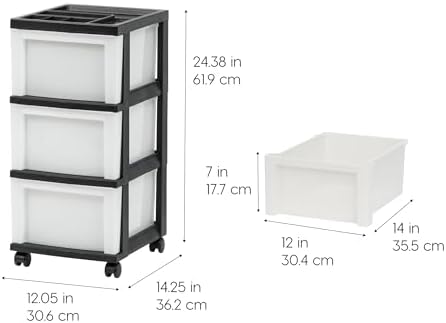 IRIS USA 3-Drawer Rolling Storage Cart, Black/Pearl