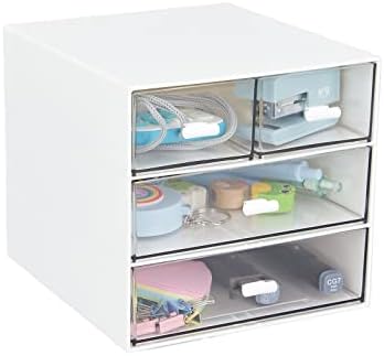 Desk Organizer with 4 Drawers, Clear Plastic Desk Storage Box, Desktop Organization for Office Supplies, Gel Pens, Pencils, Markers, Tape, Erasers, Paperclips, Chargers (White-4 Draws)