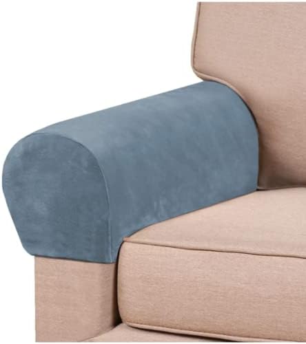 2 Pack Velvet Stretch Armrest Covers - Non Slip Sofa Chair Covers, Soft Elastic Arm Protectors for Living Room Couch, Office Chair, Recliner (Dusty Blue)