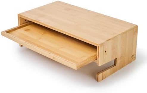 Wood Monitor Stand Riser Organizer for Desk Top with Storage Drawer & Phone Holder,Bamboo Monitor Stand with Keyboard Tray, Non Slip Desk Riser, Desk stand for computer monitor