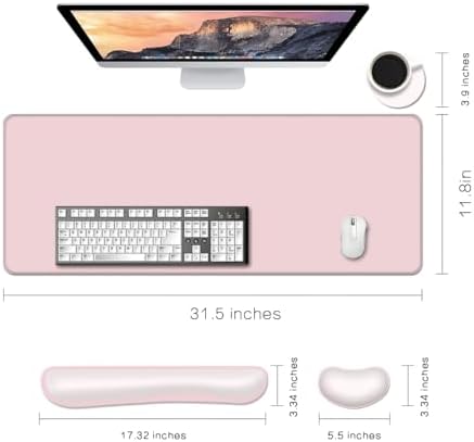 Desk Mat, Large Gaming Mouse Pad with Wrist Rest, 4 in1 XXL Mouse pad+Keyboard Wrist Rest+Mouse Pad Wrist Support+Cup Coaster Set, Ergonomic Desk Pad for Home Office, Pink