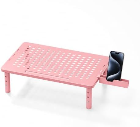 Computer Monitor Stand Riser for Desk, 3 Height Adjustable PC Laptop TV Desktop Monitor Stand Shelf, Metal Printer Table with Phone Holder, Stand Riser for Desk, Office Desk Organizers and Accessories, Pink 1 Pack
