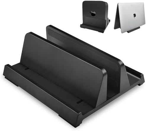 Vertical Laptop Stand Holder, ABS Organizer with Adjustable Dock, All in 1 Design Space-Saving, Sturdy Laptop Computer Holder for PC up to 17.3 inches, MacBook, Mini PC, Pad, Phone (Black, 1 Slot)