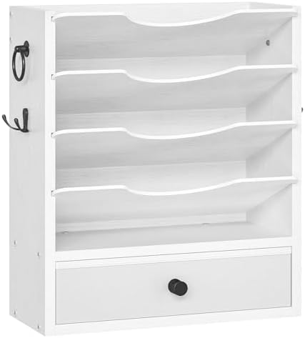 HOOBRO Wall File Organizer, Mail Organizer Wall Mounted, Wooden Literature Organizer, Construction Paper Organizer with Drawer Storage and 2 Hooks, for Office, Classroom, Home, White WT14WF01