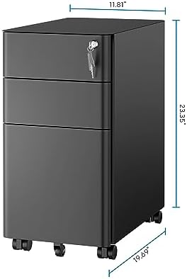 Mount-It! Slim 3 Drawer Rolling File Cabinet with Lock, Mobile Metal Filing Cabinet on Wheels for Under Desk Home & Office Storage, Letter Legal A4, Black