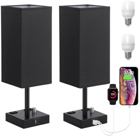 Black Bedside Table Lamps Set of 2 - Dimmable, USB C+A, 2 AC Outlets