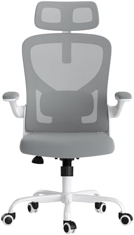 Ergonomic Home Office Desk Chair with Flip-Up Arms and Headrest, Gray/White