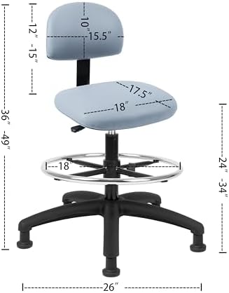 FSS Series Square seat Tall (24"-34") seat Height Chair. Vinyl-for Office, Garage, Desk, Shop, Computer, Doctor, Medical, Easy to Clean! 18" Footring (Gray, Tall, Glides)