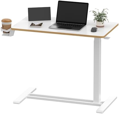 SANODESK 32''Pneumatic Adjustable Overbed Bedside Table with Hidden Casters