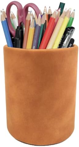 Leather Pen Holder, Light Brown Pencil Holder, Desktop Elegant Pen Holder for Desk, Stationery Organizer for School Office Home Dorm