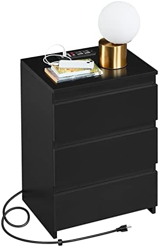 Yaheetech Bedroom Nightstand with Charging Station, 3-Drawer Dresser, Black