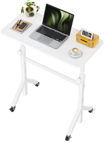 Marsail Mobile Stand Up Desk with Wheels, Adjustable Height Desk from 28.3″ to 46.5″, Rolling Standing Desk with Lockable Wheels, Portable Small Desk for Walking Pad and Treadmill, White
