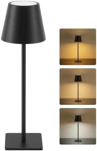 UME Cordless Table Lamp, Battery Operated Lamp - Portable Waterproof Rechargeable Table Lamp w/ 3 Color Temps & Stepless Dimming for Dinner, Desk, Cafe, Outdoor (Black)