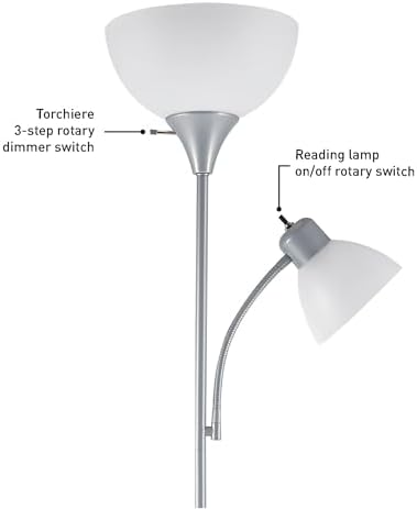 GLOBE Electric 67134 72" Torchiere Floor Lamp and Adjustable Reading Light, Silver, Frosted Shade, Dual Rotary Switch, 3-Step Dimming, Modern Lighting for Living Room or Office, Timeless (Pack of 2)