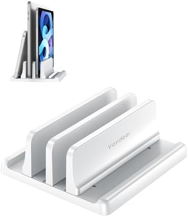 Vaydeer Vertical Laptop Stand for Desk, Dual Slots Plastic Laptop Holder Organizer with Space Saving 4-in-1 Design, Adjustable Laptop Stand Storage Supports MacBook, Chromebook, Surface, Dell (White)