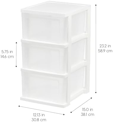 IRIS USA 3-Drawer Slim Narrow Storage Organizer, 2-Pack, White/Clear