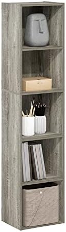 Furinno PASIR Book Shelf, 5-Tier Tall Narrow Bookshelf, Open Shelves Bookcase, 9 x 12 x 52, Easy Assembly, for Living Room, Bedroom, Home Office, French Oak