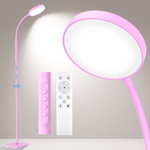 PACOVY Floor Lamp, Adjustable Height Floor Lamps for Living Room Bedroom, 120 LED Super Bright Standing Lamp Remote Control Dimmable Gooseneck Tall Stand Reading Lamp for Office Craft, Pink