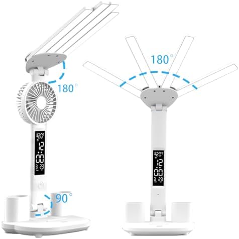 Foldable Led Desk Lamp with Fan Clock Light Study, 3 Lighting Modes, Adjustable Table Lamp Dimmable Eye Caring Reading Lamp for Home Office College Dorm Bedroom Bedside