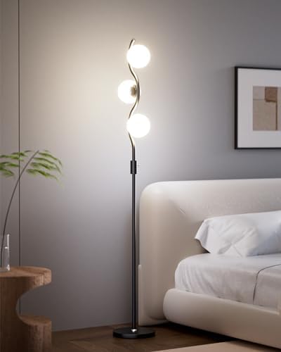 Lightdot 60IN Dimmable Black Floor Lamp Mid Century Standing Lamps with 3 Globe Soft Warm White 3000K Bulbs Included Modern Tall Lamp with 5Lbs Heavy Base for Living Room/Bedroom/Sofa Beside
