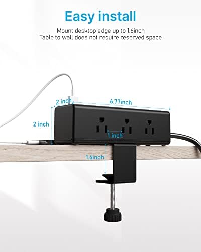 CCCEI Desk Clamp Power Strip with 9 Outlets, Desktop Edge Mount Surge Protector with USB-A and USB-C Ports, Widely Spaced Desk Outlet Fast Charging Station, 15 FT Flat Plug, Fit 1.6 inch Table.
