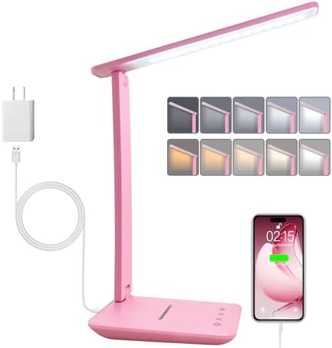 karidi LED Desk Lamp Dimmable Table Lamp with USB Charging Port, 5 Lighting Modes, Sensitive Control, Foldable Portable Desk Light for Home Office Bedroom Reading (Pink, Standard Size - 13.3 inch)