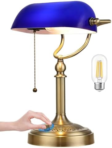 Blue Stepless Dimmable Glass Bankers Desk Lamp