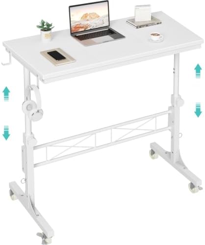 WINAZ Rolling Standing Desk with Wheels, 32" Adjustable Height Small Portable Teacher Desk for Classroom, Mobile Treadmill Walking Pad Table for Laptop, Compact White Home Office Workstation
