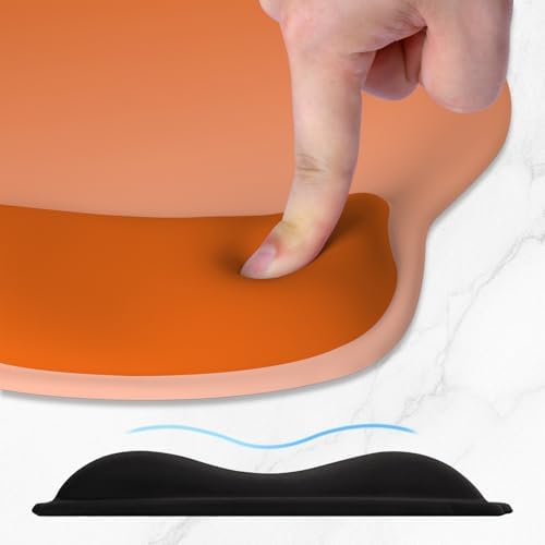 ITNRSIIET Ergonomic Mouse Pad with Wider Memory Foam Wrist Rest +17% - Curved Cushion Reduces Pressure 20%, Pain Relief, Non-Slip, Smooth, Cute Colors, 9.85 x 9 in, Peach