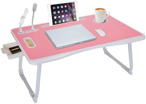 Laptop Bed Table, Laptop Desk for Bed, Foldable Laptop Bed Desk with USB Charge Port, Handle, Desktop Card Slot, Cup Slot, Side Drawer, Portable Laptop Table for Bed Eating Reading Working