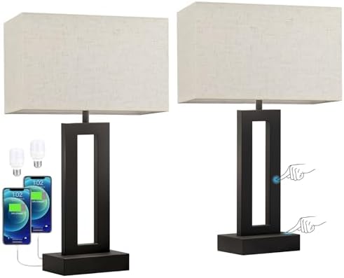 Nightstand Table Lamps for Bedrooms Set of 2 - Touch Bedside Lamp with USB C+A, 3 Way Dimmable Living Room Lamps for End Tables Set of 2, Modern Night Stand Lamps for Bed Side Guest Room(Cream)