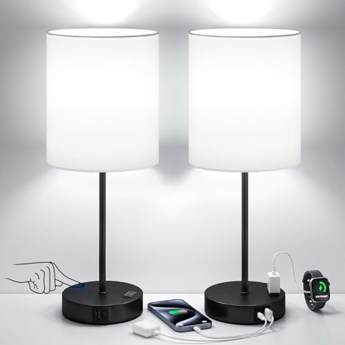 White Black Touch Lamps for Bedroom Set of 2, Dimmable, USB C+A, AC Outlet