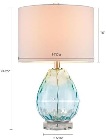 Pemberly Row Contemporary Table Lamp, 23.5" H, Blue-Green Glass Base, White Drum Shade, Adjustable Tilt, 72-Inch Clear Cord, Includes Spiral CFL Bulb, Modern Lighting for Living Room or Bedroom Use