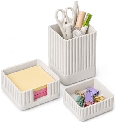 Aesthetic White Desk Organizer Set, Pen, Clip and Sticky Note Holder