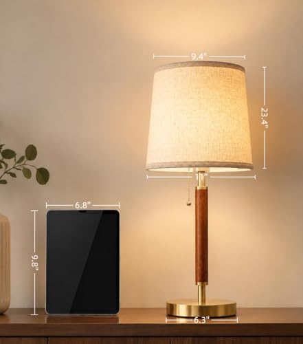 JOOFO Mid Century Wood Table Lamp with Pull Chain, Bedside Lamp