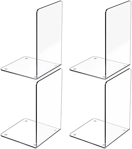 Acrylic Bookends 4 Pcs, Clear Book Ends for Shelves, Bookend Organizer
