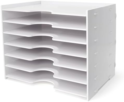 SONGWAY File Organizer for Desk - 7 Tier Wide Document Holder, Letter Mail Tray Storage Rack, A4 Paper Storage Holder, Desktop Organizer for Home Office School, White