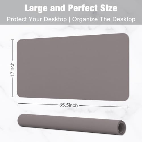 Hsurbtra Desk Pad, 35.5" x 17" PU Leather Desk Mat, XXL Extended Mouse Pad, Waterproof Desktop Blotter Protector, Non-Slip Ultra Thin Large Laptop Keyboard Writing Mat for Office Home, Light Gray