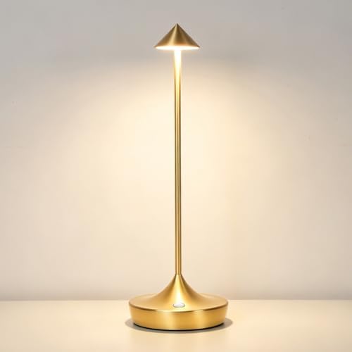 Cordless LED Table Lamp, Rechargeable, 3 Color Dimmable, Gold